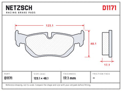 NETZSCH D1171 brake pad drawing, 17.1 mm thick