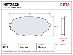 NETZSCH D1179 brake pad drawing, 14.4 mm thick