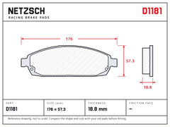 NETZSCH D1181 brake pad drawing, 18.8 mm thick