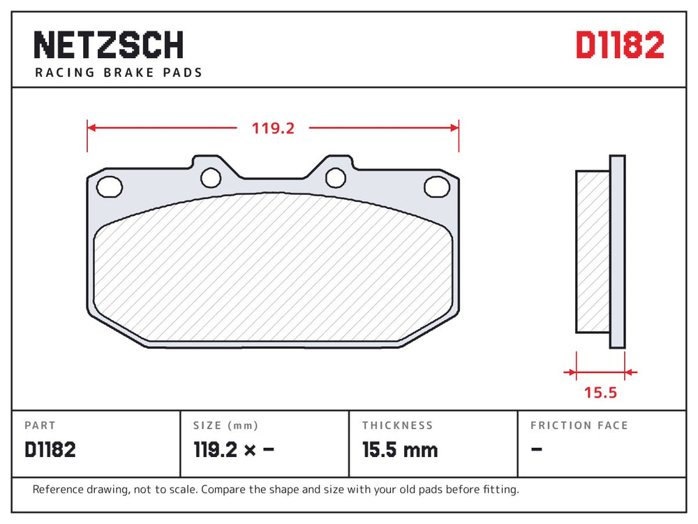 NETZSCH D1182 brake pad drawing, 15.5 mm thick