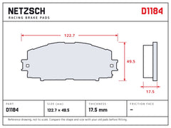 NETZSCH D1184 brake pad drawing, 17.5 mm thick