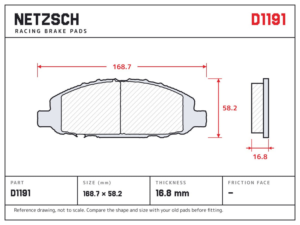 NETZSCH D1191 brake pad drawing, 16.8 mm thick