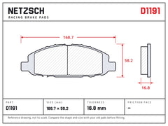 NETZSCH D1191 brake pad drawing, 16.8 mm thick