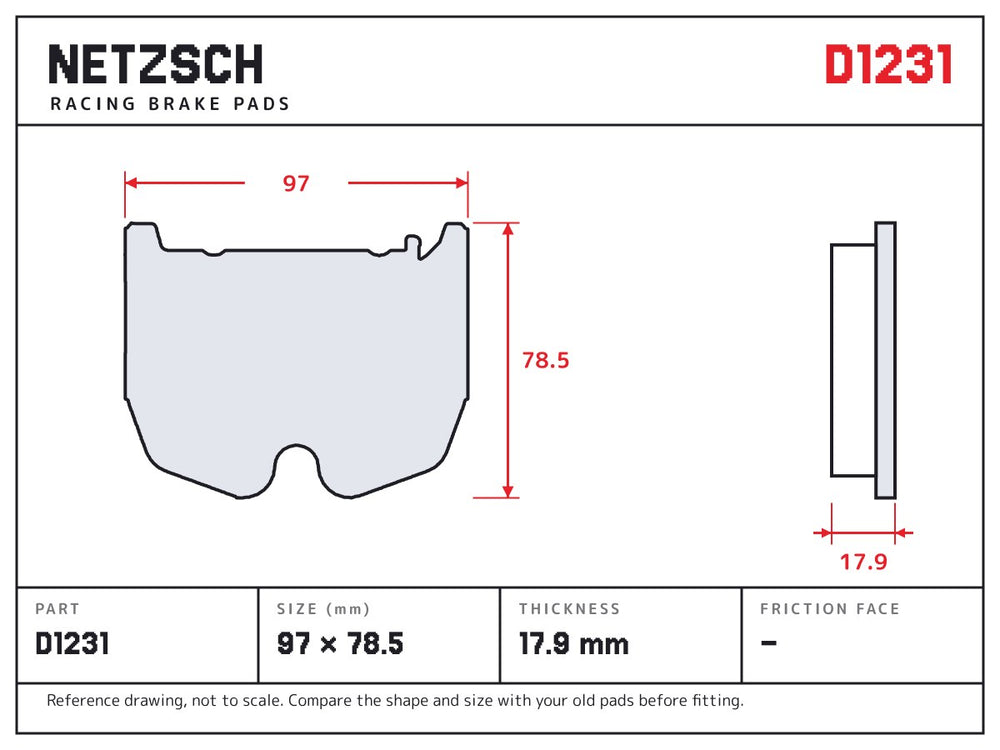 NETZSCH D1231 brake pad drawing, 17.9 mm thick