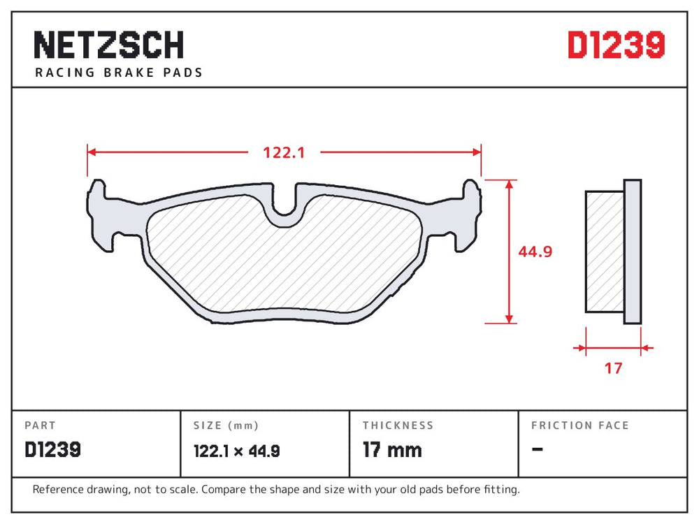 NETZSCH D1239 brake pad drawing, 17 mm thick