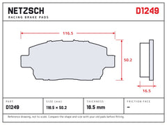 NETZSCH D1249 brake pad drawing, 16.5 mm thick