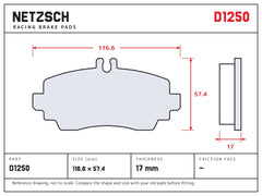 NETZSCH D1250 brake pad drawing, 17 mm thick