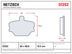 NETZSCH D1252 brake pad drawing, 15.5 mm thick