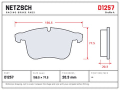 NETZSCH D1257 brake pad drawing, 20.3 mm thick