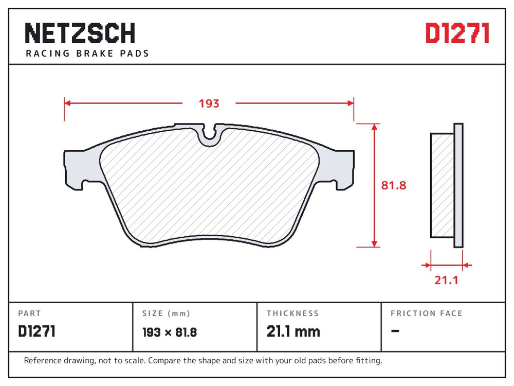 NETZSCH D1271 brake pad drawing, 21.1 mm thick
