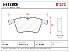 NETZSCH D1272 brake pad drawing, 20.3 mm thick