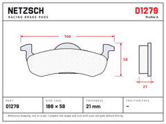 NETZSCH D1279 brake pad drawing, 21 mm thick