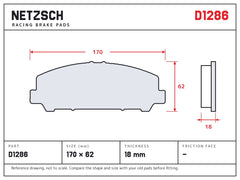 NETZSCH D1286 brake pad drawing, 18 mm thick