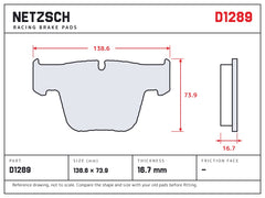 NETZSCH D1289 brake pad drawing, 16.7 mm thick