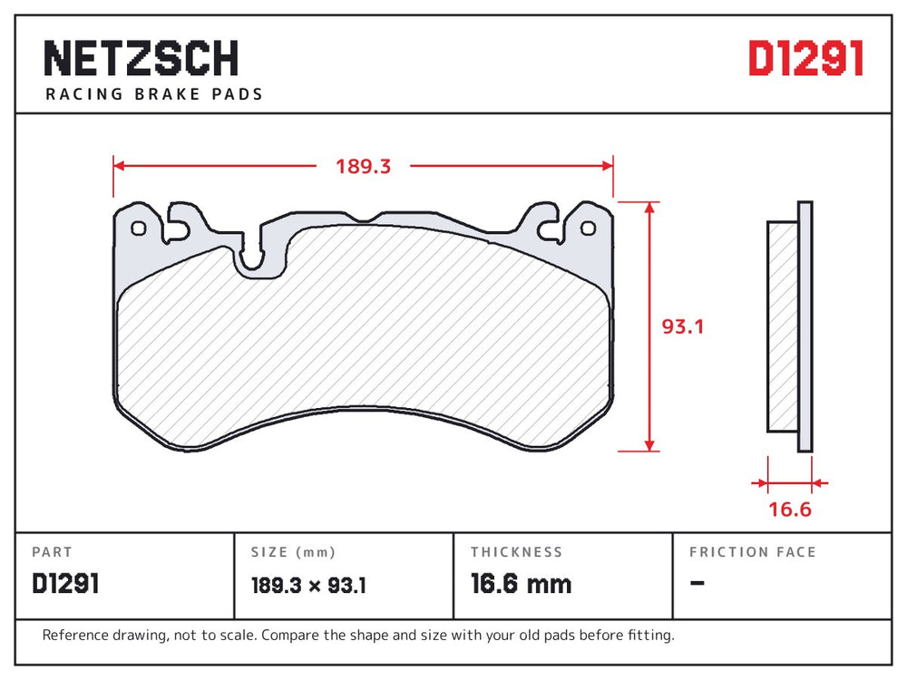NETZSCH D1291 brake pad drawing, 16.6 mm thick