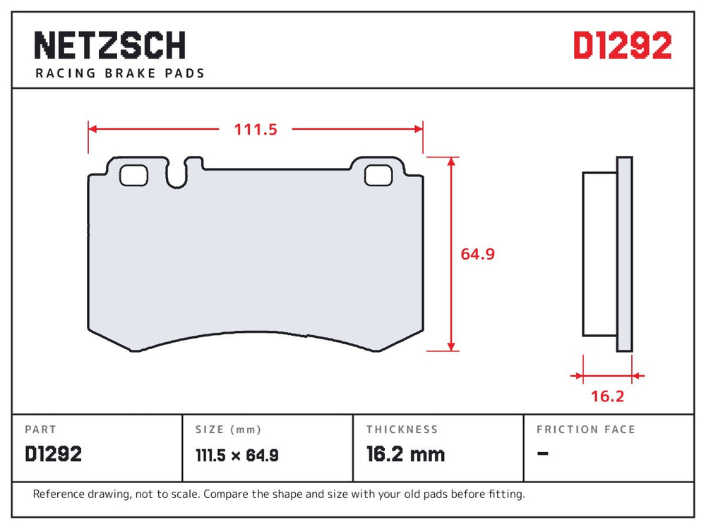 NETZSCH D1292 brake pad drawing, 16.2 mm thick