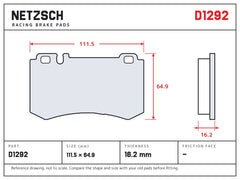 NETZSCH D1292 brake pad drawing, 16.2 mm thick