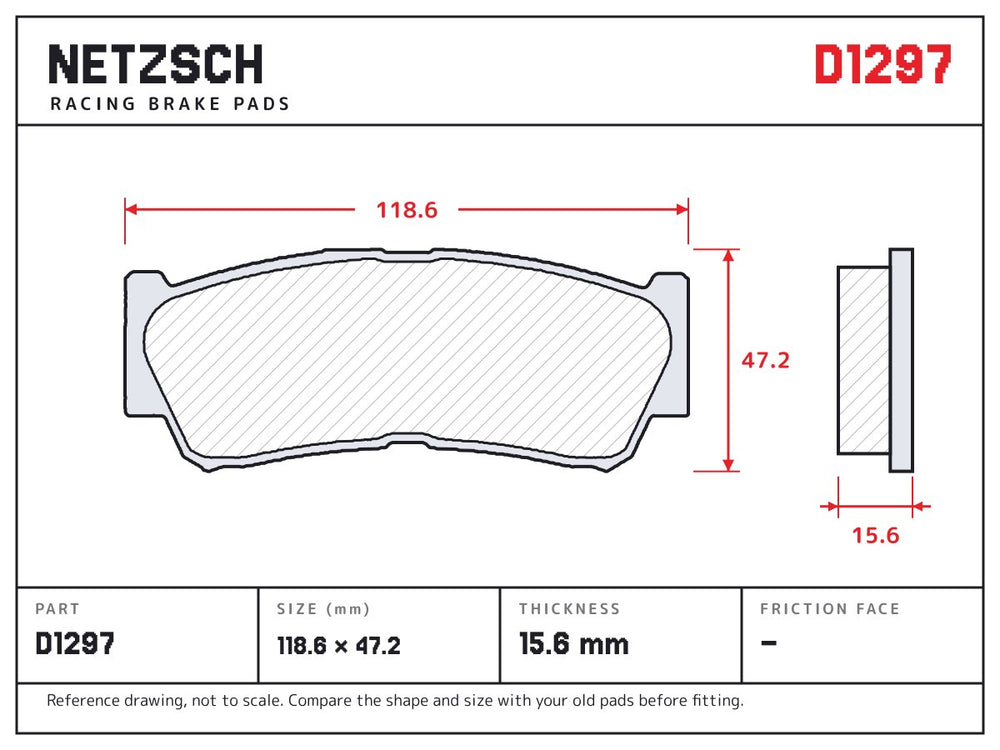 NETZSCH D1297 brake pad drawing, 15.6 mm thick