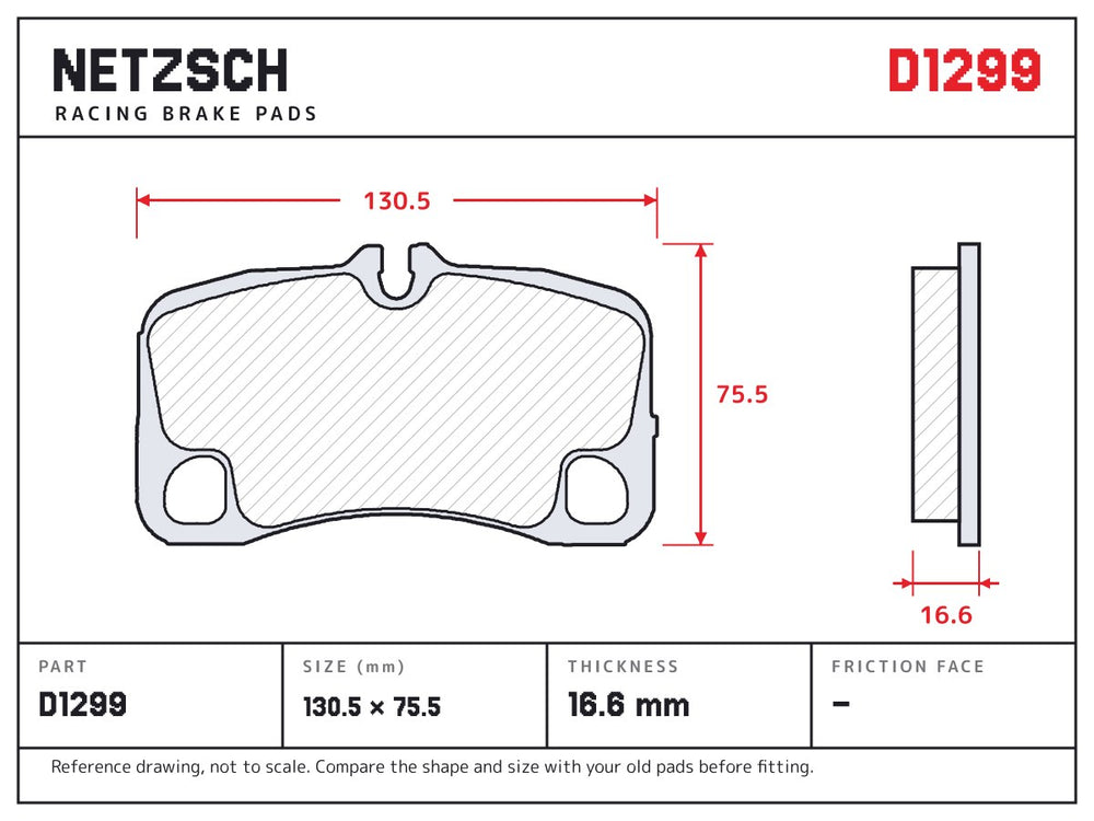 NETZSCH D1299 brake pad drawing, 16.6 mm thick