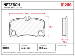 NETZSCH D1299 brake pad drawing, 16.6 mm thick
