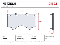 NETZSCH D1303 brake pad drawing, 18 mm thick