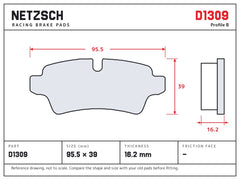NETZSCH D1309 brake pad drawing, 16.2 mm thick