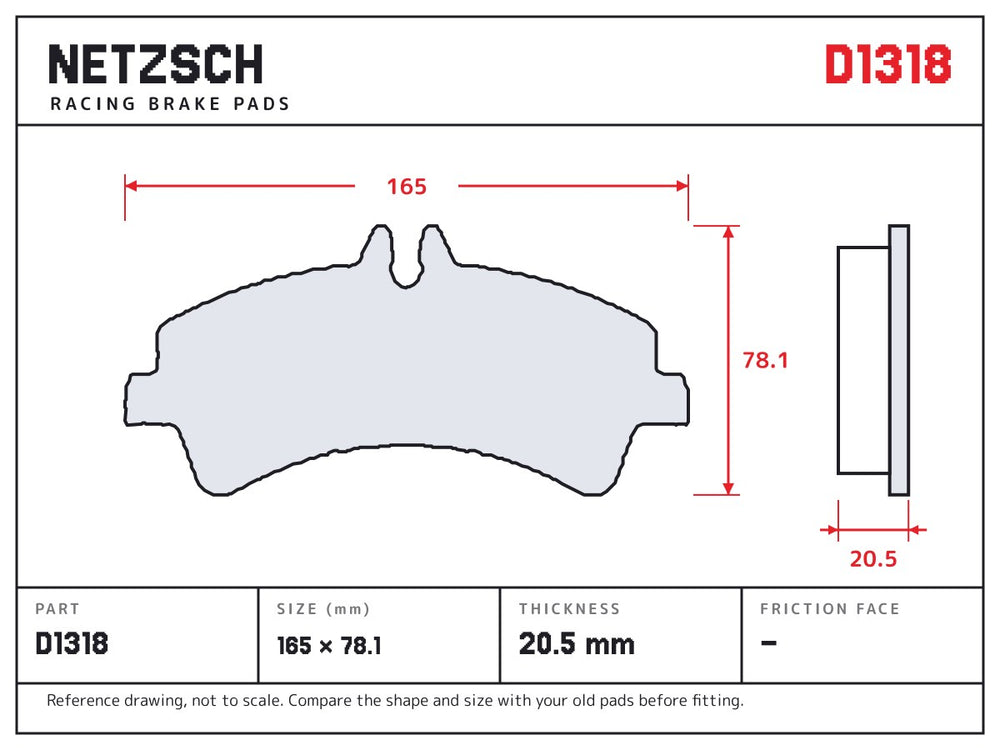NETZSCH D1318 brake pad drawing, 20.5 mm thick