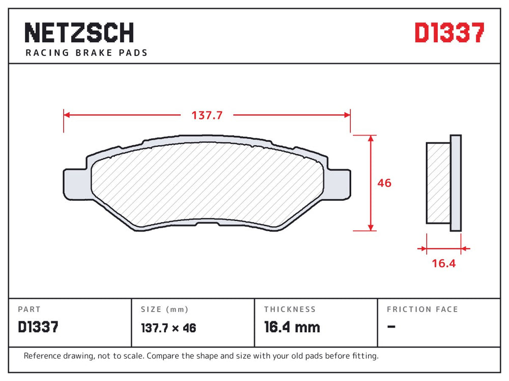 NETZSCH D1337 brake pad drawing, 16.4 mm thick