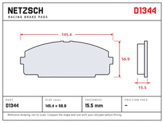 NETZSCH D1344 brake pad drawing, 15.5 mm thick