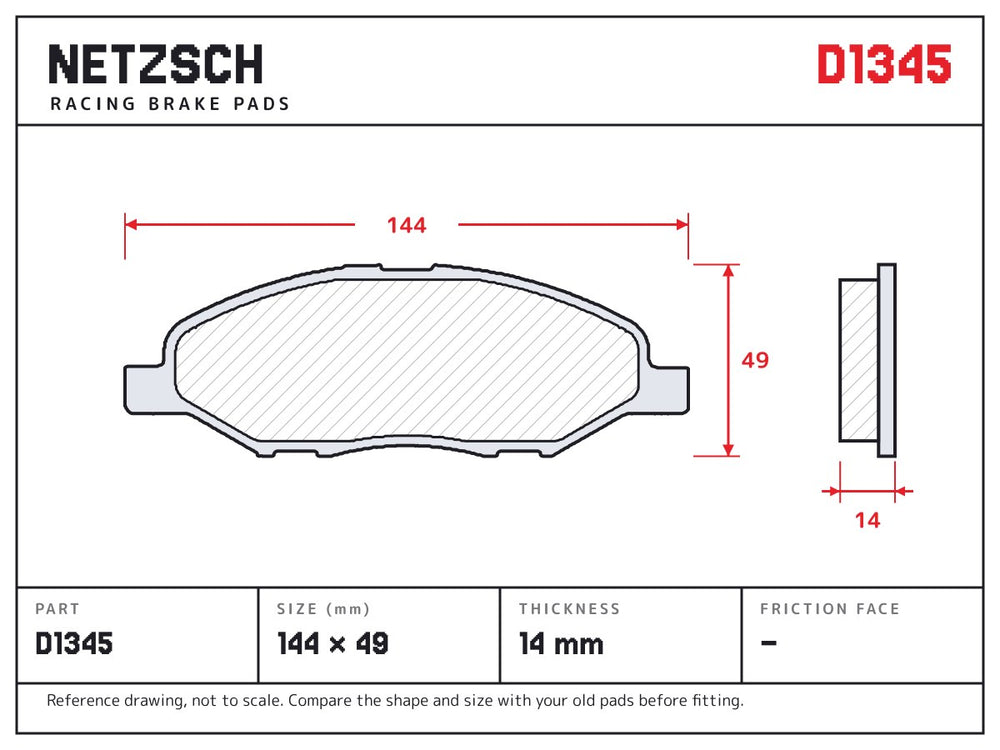 NETZSCH D1345 brake pad drawing, 14 mm thick