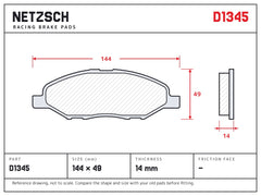 NETZSCH D1345 brake pad drawing, 14 mm thick