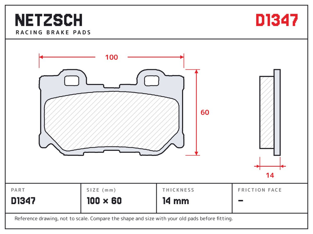 NETZSCH D1347 brake pad drawing, 14 mm thick