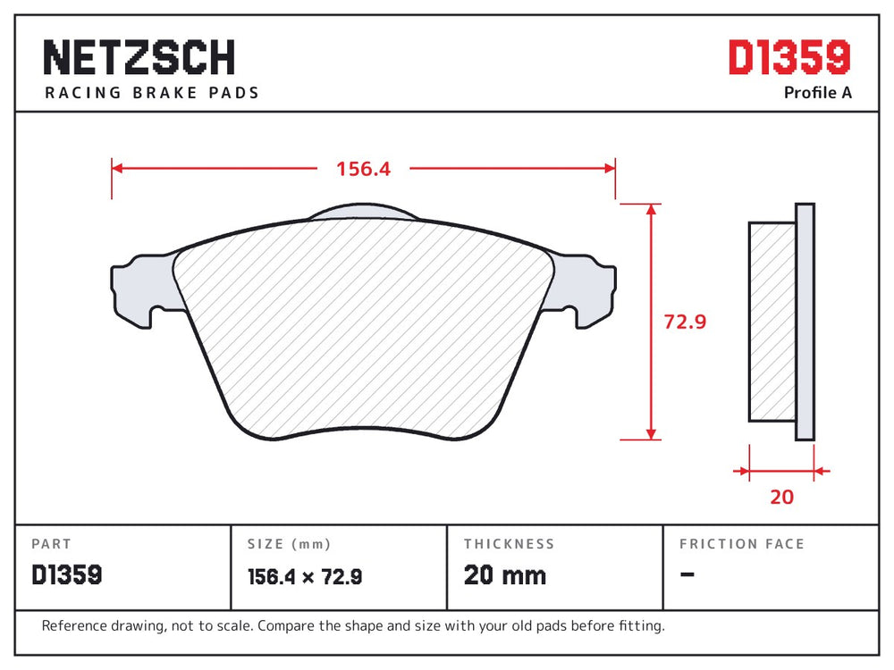 NETZSCH D1359 brake pad drawing, 20 mm thick