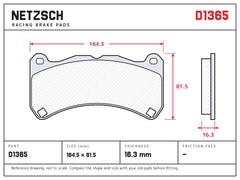 NETZSCH D1365 brake pad drawing, 16.3 mm thick