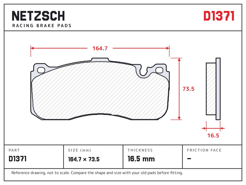 NETZSCH D1371 brake pad drawing, 16.5 mm thick