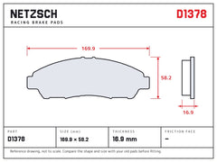 NETZSCH D1378 brake pad drawing, 16.9 mm thick
