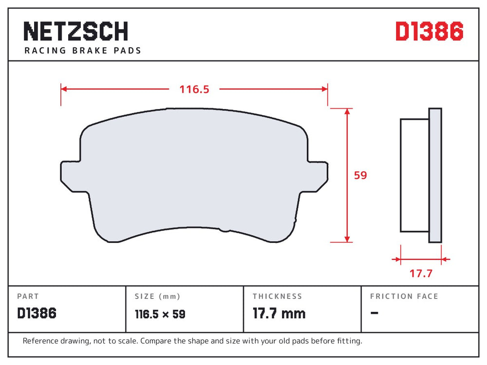NETZSCH D1386 brake pad drawing, 17.7 mm thick