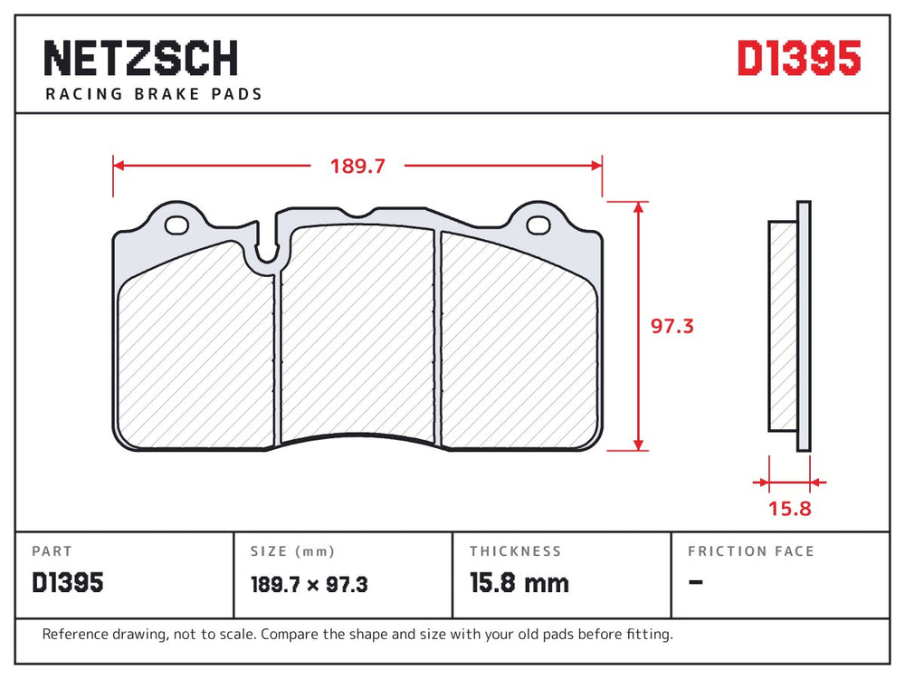 NETZSCH D1395 brake pad drawing, 15.8 mm thick