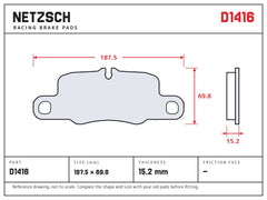 NETZSCH D1416 brake pad drawing, 15.2 mm thick