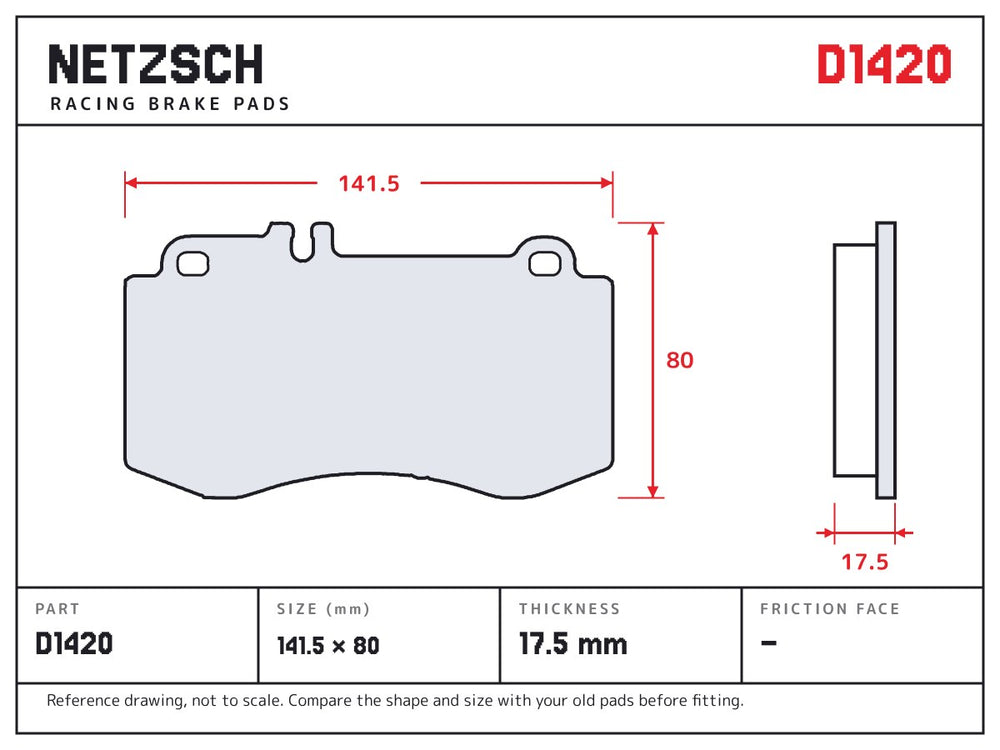 NETZSCH D1420 brake pad drawing, 17.5 mm thick