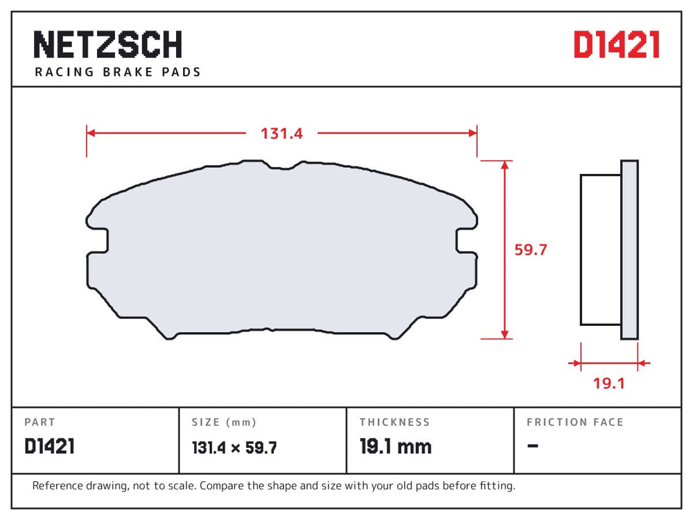 NETZSCH D1421 brake pad drawing, 19.1 mm thick