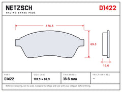 NETZSCH D1422 brake pad drawing, 16.6 mm thick