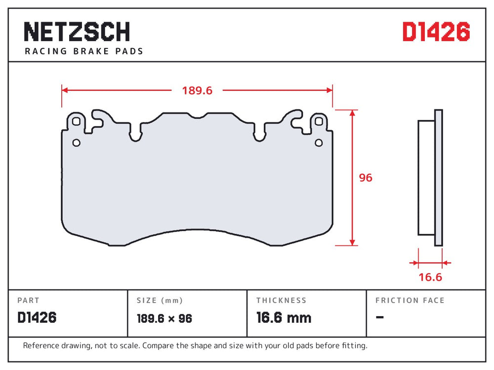 NETZSCH D1426 brake pad drawing, 16.6 mm thick