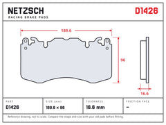 NETZSCH D1426 brake pad drawing, 16.6 mm thick