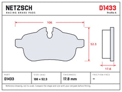 NETZSCH D1433 brake pad drawing, 17.8 mm thick