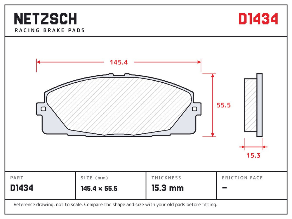 NETZSCH D1434 brake pad drawing, 15.3 mm thick