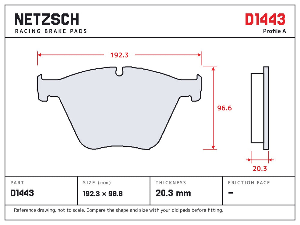 NETZSCH D1443 brake pad drawing, 20.3 mm thick