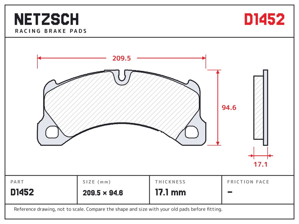 NETZSCH D1452 brake pad drawing, 17.1 mm thick