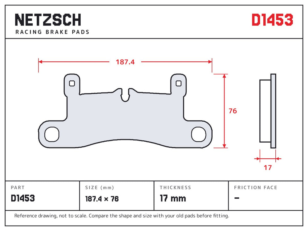 NETZSCH D1453 brake pad drawing, 17 mm thick
