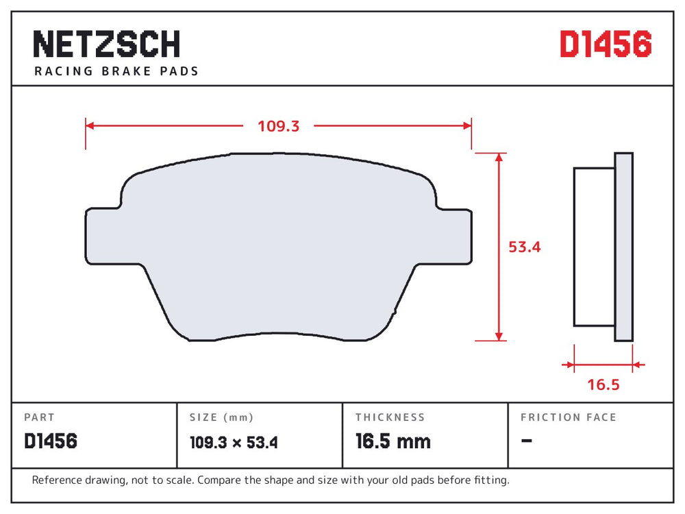 NETZSCH D1456 brake pad drawing, 16.5 mm thick